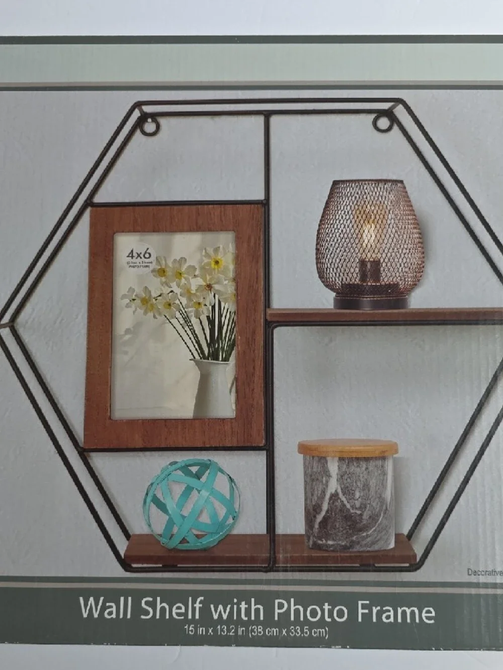 Wall Shelf with Photo Frame - Black Metal & Brown Wood